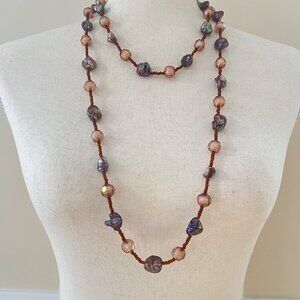 Beautiful Long Brown Iridescent Bead Rope Strand Necklace 52"